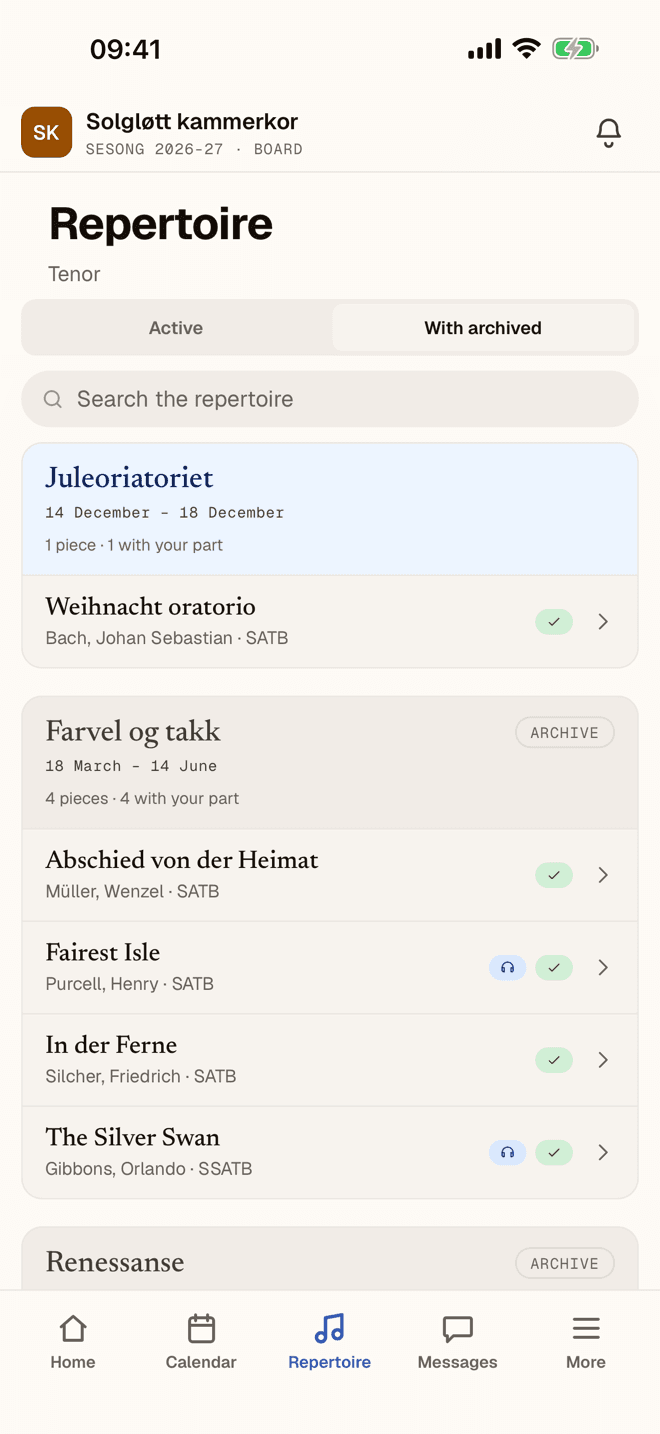 The repertoire grouped by production, with a search field at the top.