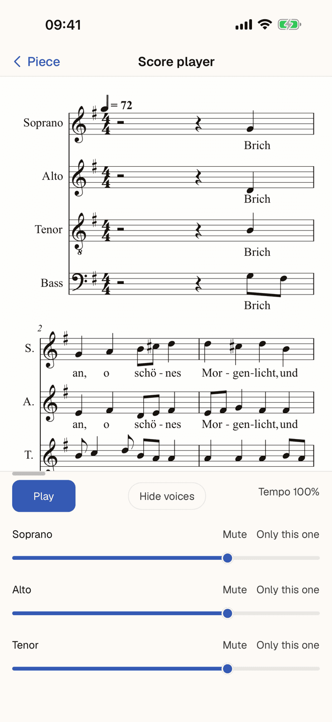 The score player with a four-part score and a volume for every part.