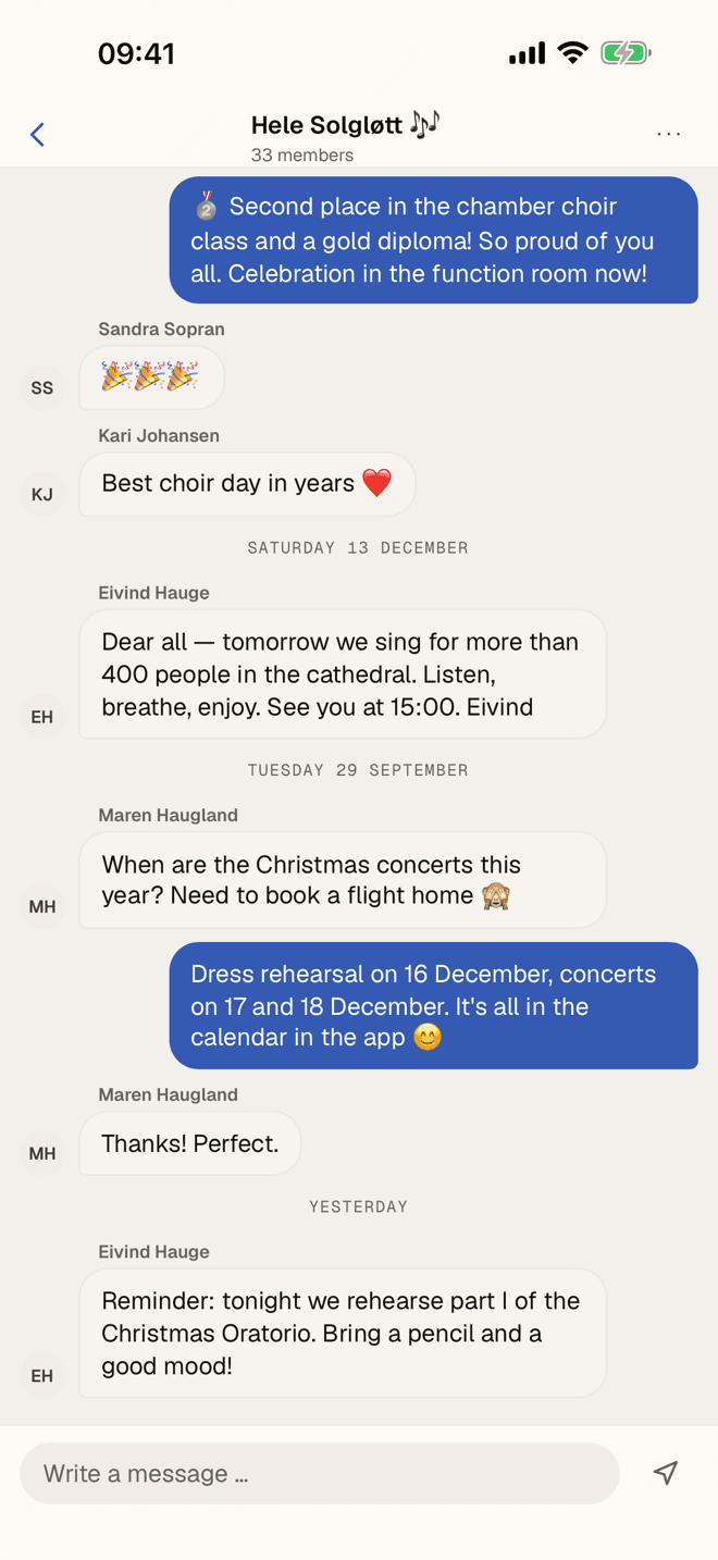 A conversation for the whole choir, with messages from several members.