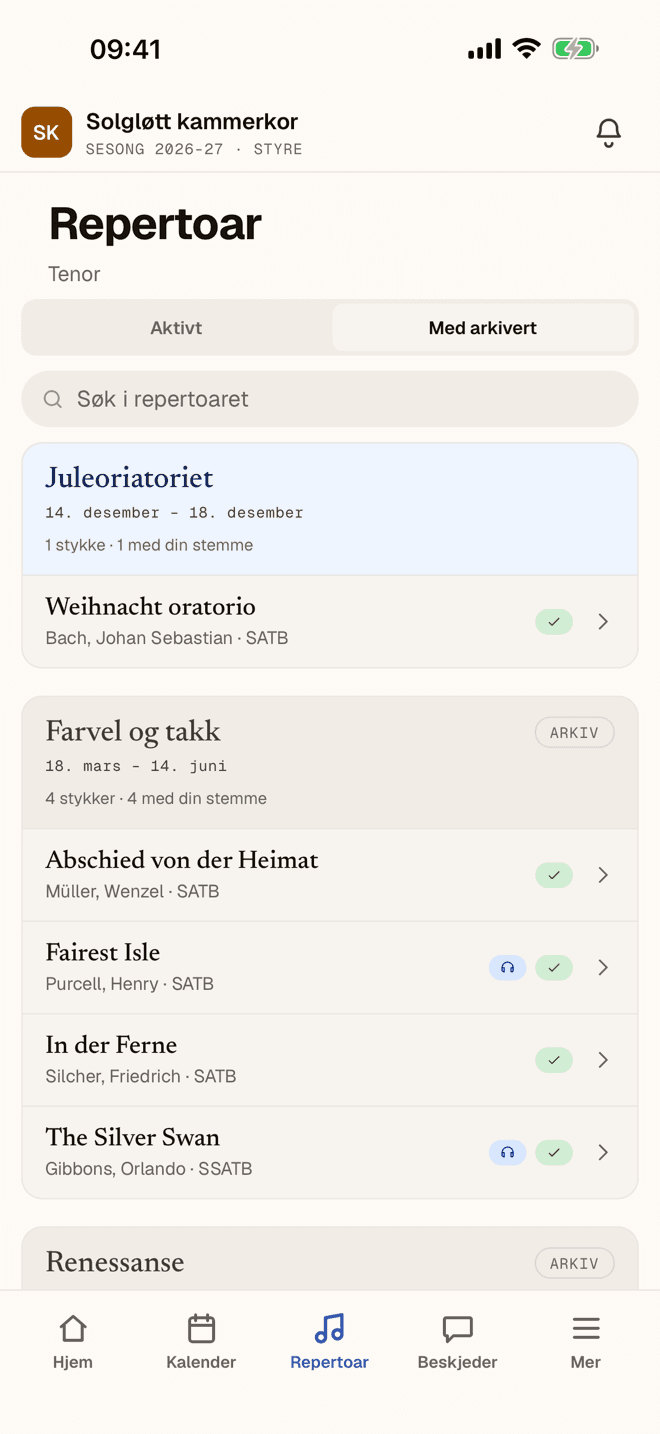 Repertoaret gruppert etter produksjon, med søkefelt øverst.