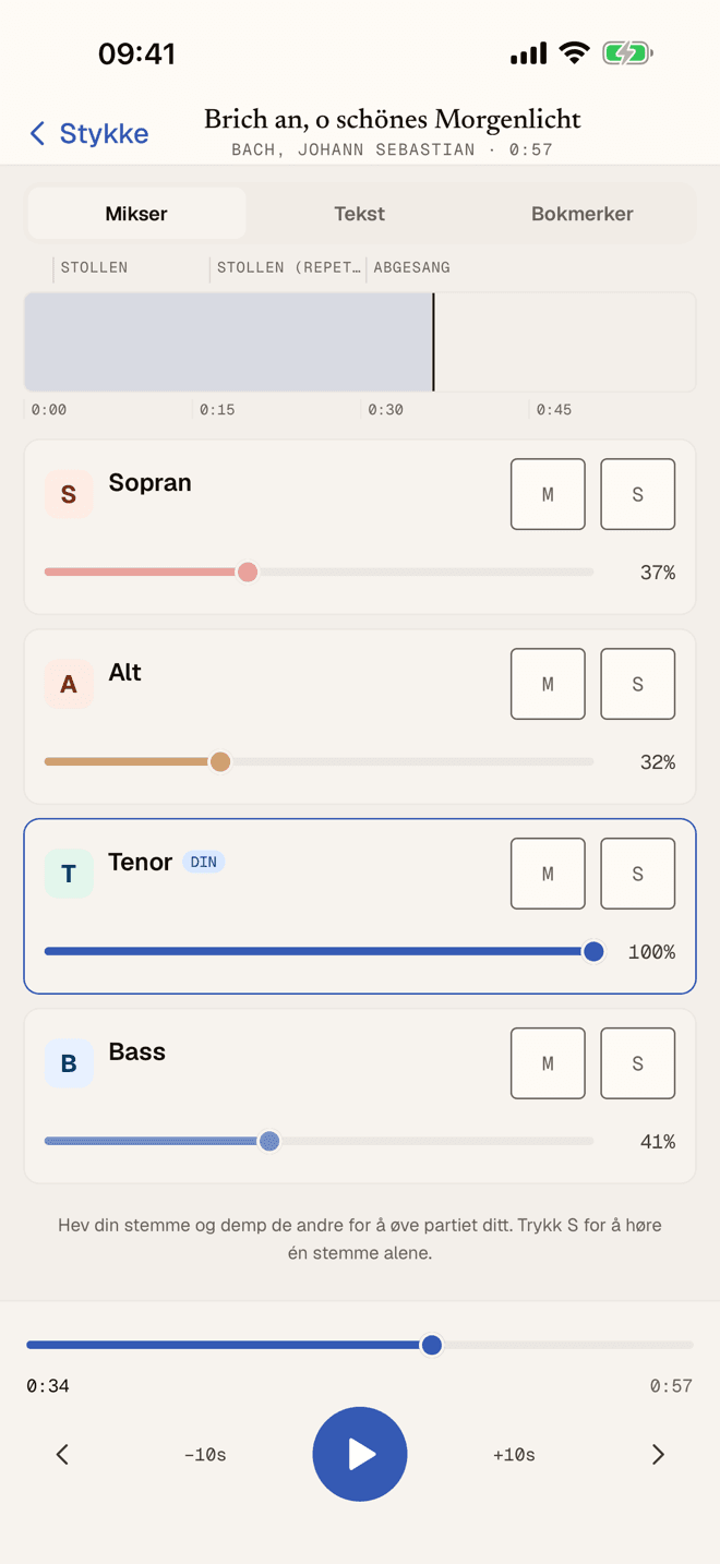 Stemmemikseren med volum for sopran, alt, tenor og bass. Tenor er skrudd helt opp.
