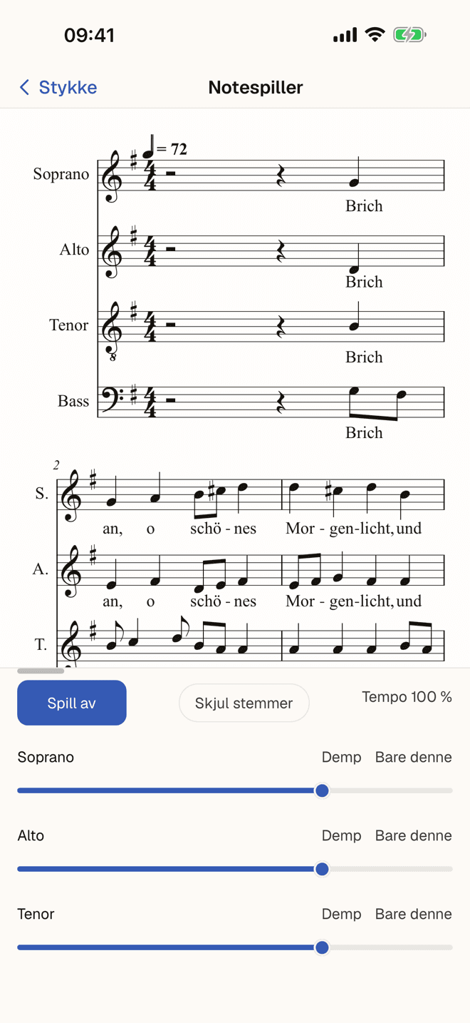 Notespilleren med partitur for fire stemmer og volum for hver stemme.