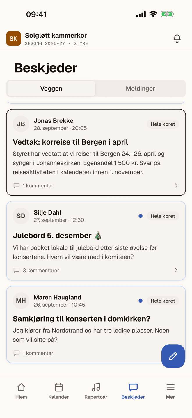 Veggen med innlegg til hele koret og antall kommentarer på hvert innlegg.