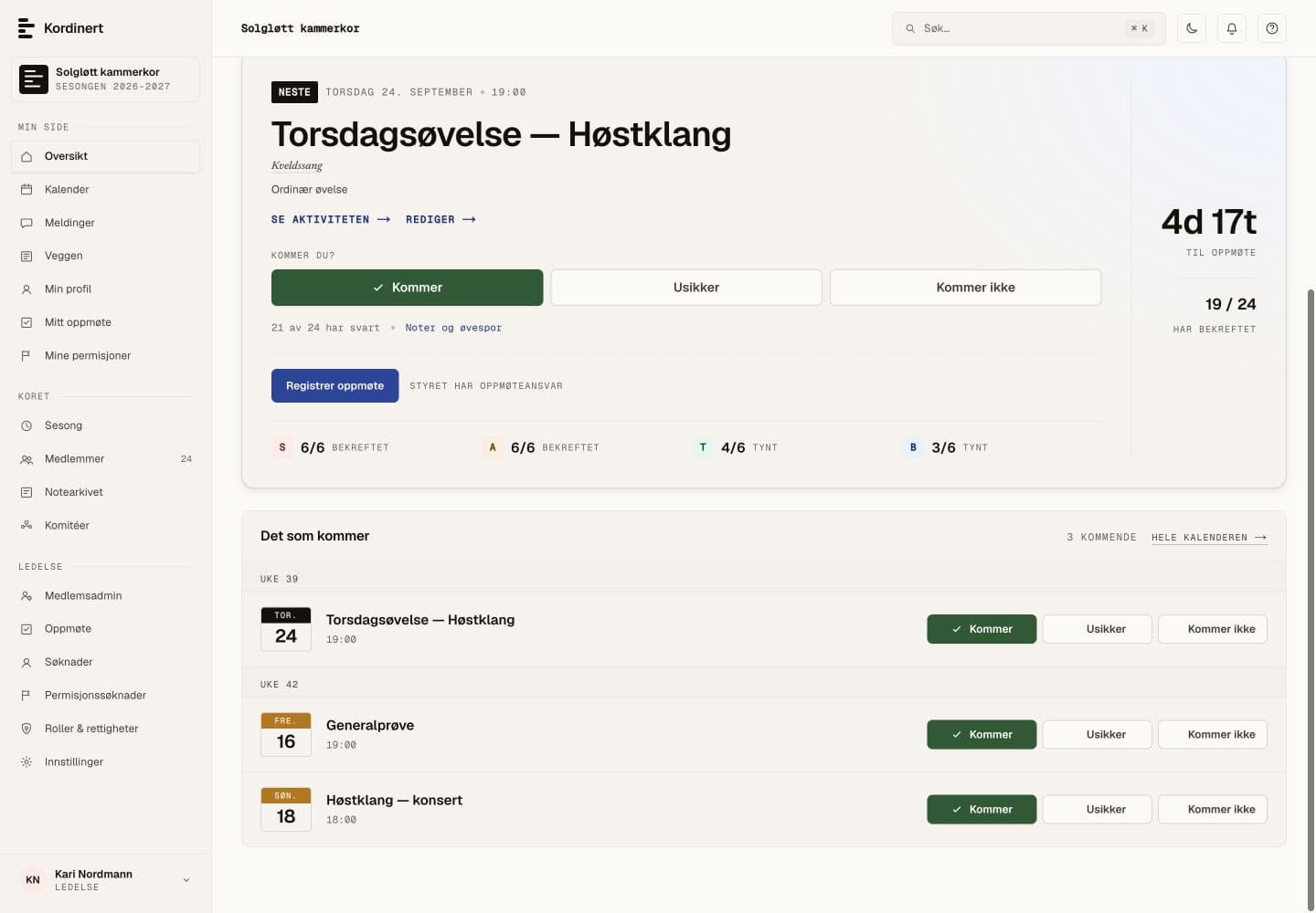 Oversikten i Kordinert med neste øvelse, svar på invitasjonen, stemmegrupper og kommende aktiviteter.